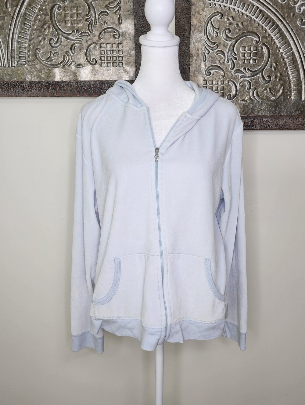 Y2K 2000's Victoria's Secret Cloud Blue Zip-Up Velour Hoodie Sweater Large